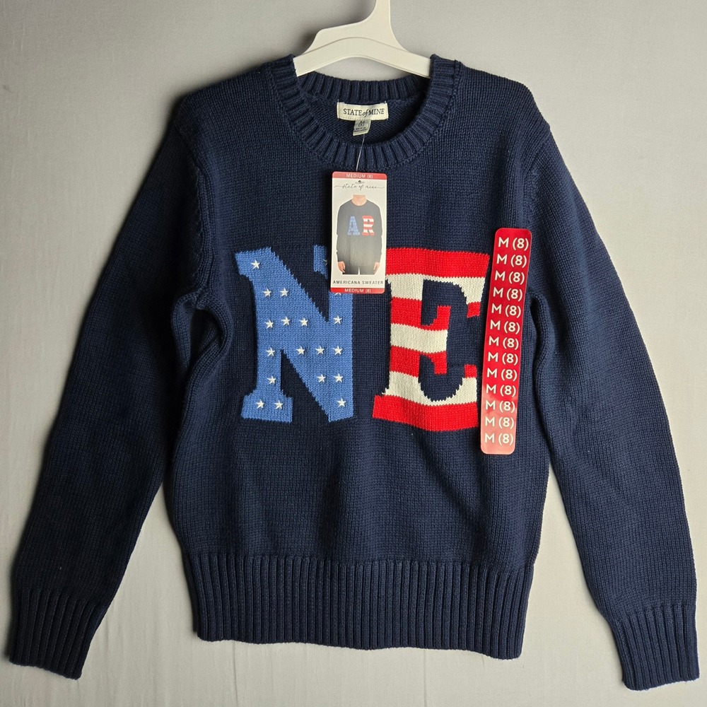 State of Mine Kids Navy Blue Americana Sweater Stars Stripes USA Knit Size M 8